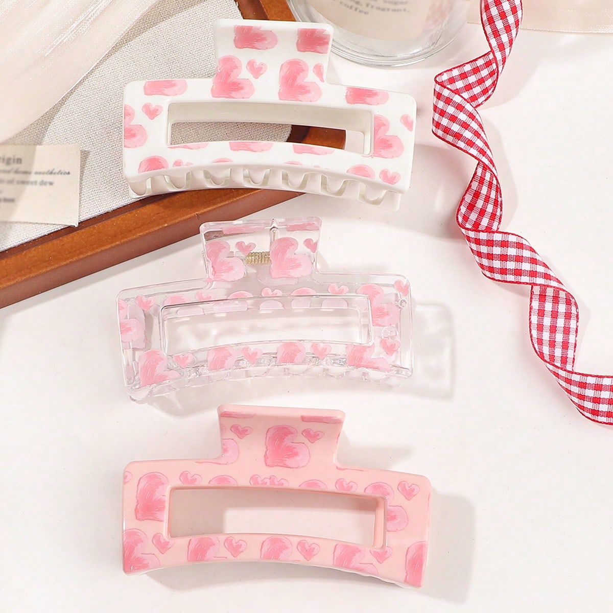 Hair Clip Claw Large - 3 Stuks Roze Liefde Print Haar